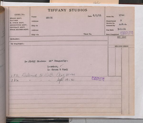 Tiffany Studios Lamp Department Ledger Book, Tiffany Studios (1902–32), pencil and ink on paper, American