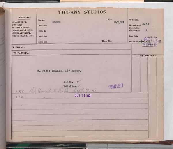 Tiffany Studios Lamp Department Ledger Book, Tiffany Studios (1902–32), pencil and ink on paper, American