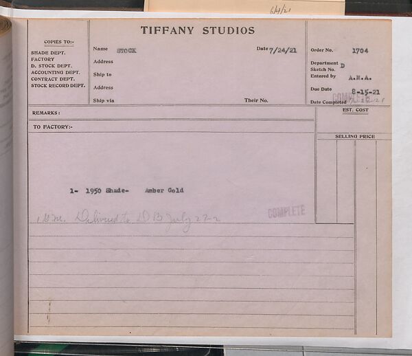 Tiffany Studios Lamp Department Ledger Book, Tiffany Studios (1902–32), pencil and ink on paper, American