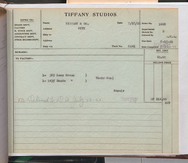 Tiffany Studios Lamp Department Ledger Book, Tiffany Studios (1902–32), pencil and ink on paper, American