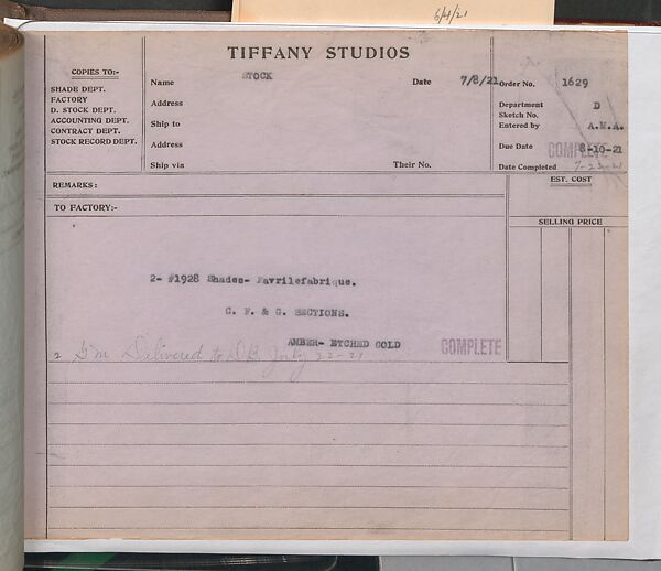 Tiffany Studios Lamp Department Ledger Book, Tiffany Studios (1902–32), pencil and ink on paper, American