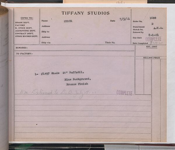 Tiffany Studios Lamp Department Ledger Book, Tiffany Studios (1902–32), pencil and ink on paper, American