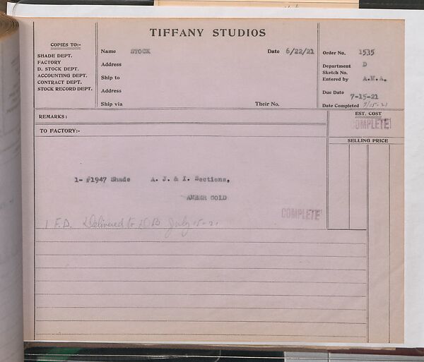 Tiffany Studios Lamp Department Ledger Book, Tiffany Studios (1902–32), pencil and ink on paper, American
