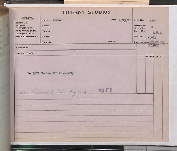 Tiffany Studios Lamp Department Ledger Book, Tiffany Studios (1902–32), pencil and ink on paper, American