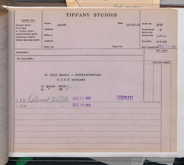 Tiffany Studios Lamp Department Ledger Book, Tiffany Studios (1902–32), pencil and ink on paper, American