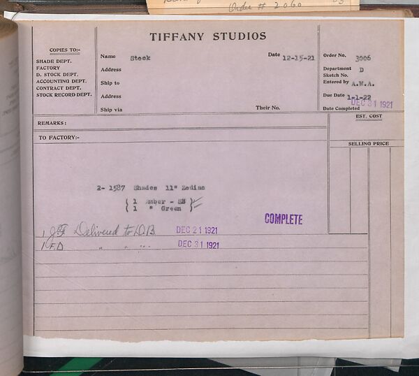 Tiffany Studios Lamp Department Ledger Book, Tiffany Studios (1902–32), pencil and ink on paper, American