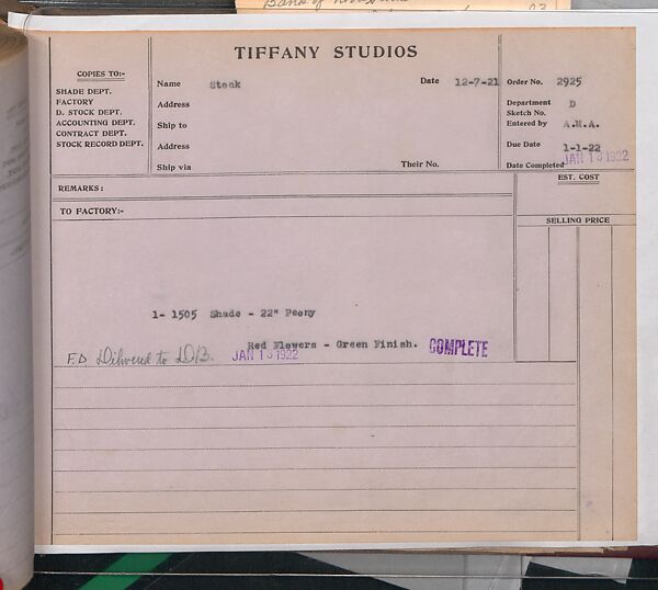 Tiffany Studios Lamp Department Ledger Book, Tiffany Studios (1902–32), pencil and ink on paper, American