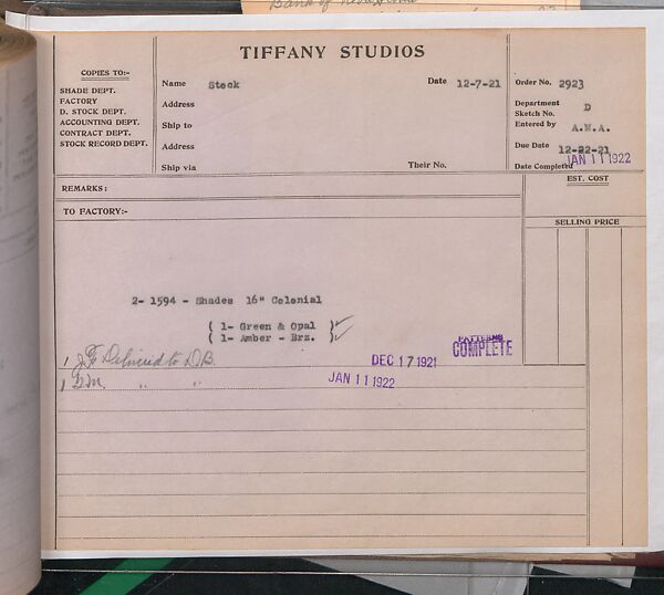 Tiffany Studios Lamp Department Ledger Book, Tiffany Studios (1902–32), pencil and ink on paper, American