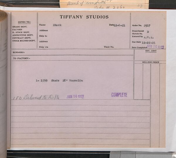 Tiffany Studios Lamp Department Ledger Book, Tiffany Studios (1902–32), pencil and ink on paper, American