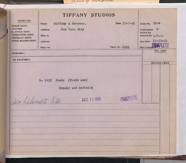 Tiffany Studios Lamp Department Ledger Book, Tiffany Studios (1902–32), pencil and ink on paper, American