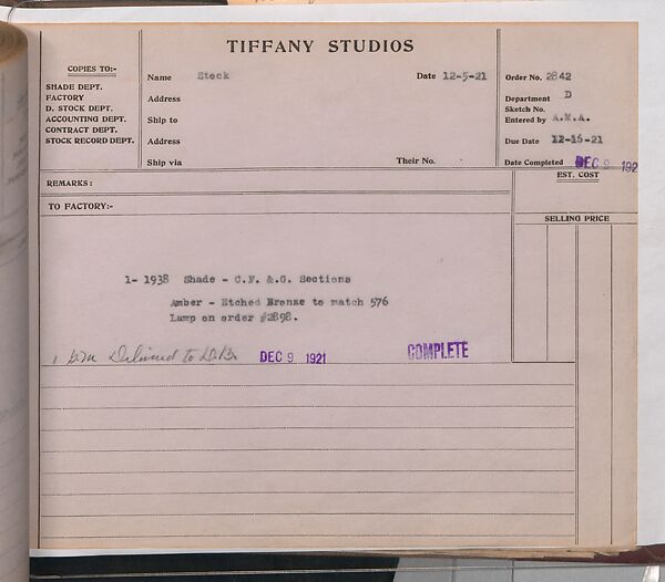 Tiffany Studios Lamp Department Ledger Book, Tiffany Studios (1902–32), pencil and ink on paper, American