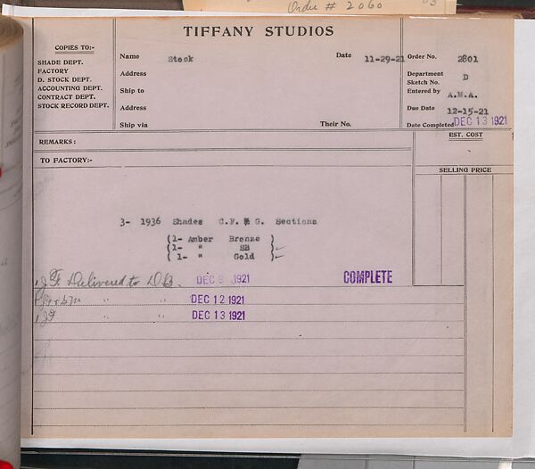 Tiffany Studios Lamp Department Ledger Book, Tiffany Studios (1902–32), pencil and ink on paper, American