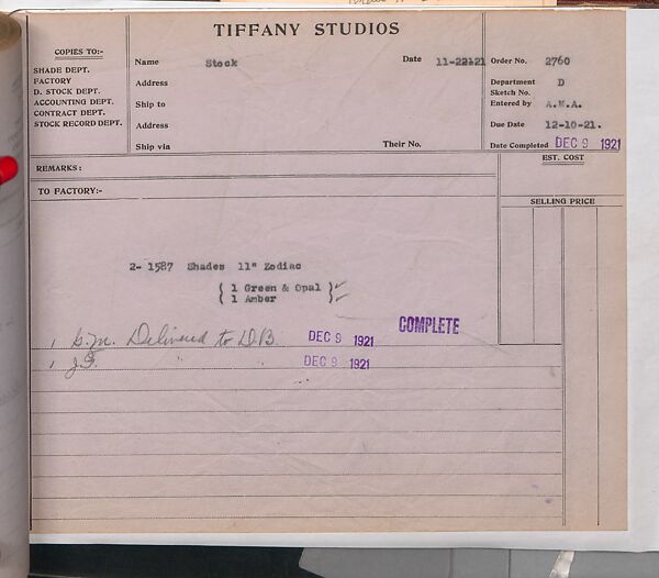 Tiffany Studios Lamp Department Ledger Book, Tiffany Studios (1902–32), pencil and ink on paper, American