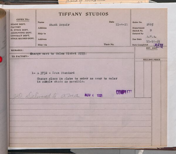 Tiffany Studios Lamp Department Ledger Book, Tiffany Studios (1902–32), pencil and ink on paper, American