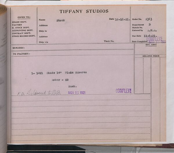 Tiffany Studios Lamp Department Ledger Book, Tiffany Studios (1902–32), pencil and ink on paper, American