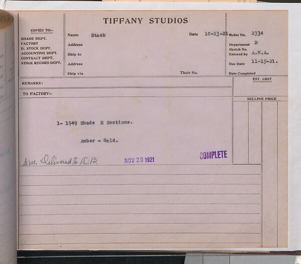 Tiffany Studios Lamp Department Ledger Book, Tiffany Studios (1902–32), pencil and ink on paper, American