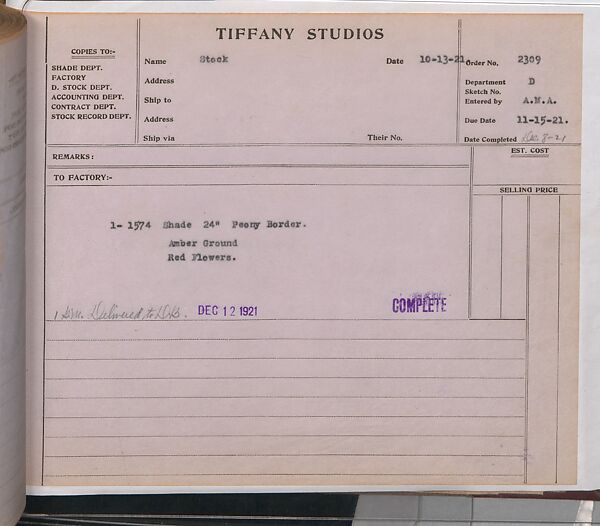 Tiffany Studios Lamp Department Ledger Book, Tiffany Studios (1902–32), pencil and ink on paper, American