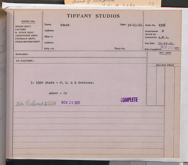Tiffany Studios Lamp Department Ledger Book, Tiffany Studios (1902–32), pencil and ink on paper, American