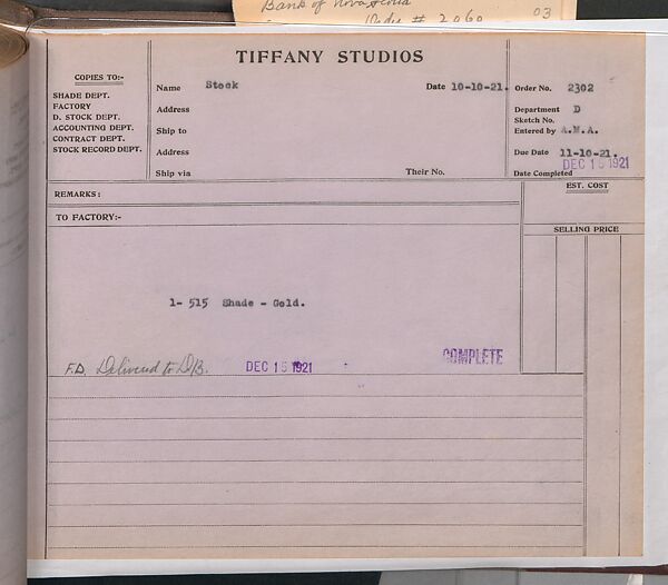 Tiffany Studios Lamp Department Ledger Book, Tiffany Studios (1902–32), pencil and ink on paper, American