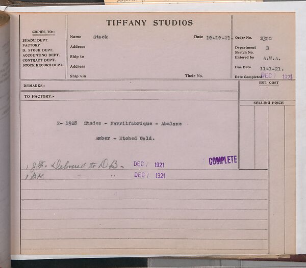Tiffany Studios Lamp Department Ledger Book, Tiffany Studios (1902–32), pencil and ink on paper, American