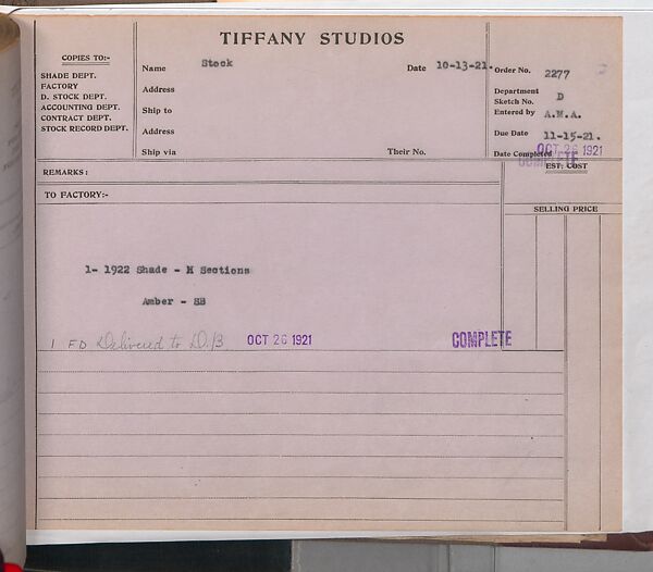 Tiffany Studios Lamp Department Ledger Book, Tiffany Studios (1902–32), pencil and ink on paper, American