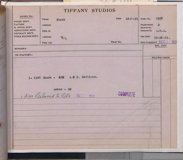 Tiffany Studios Lamp Department Ledger Book, Tiffany Studios (1902–32), pencil and ink on paper, American