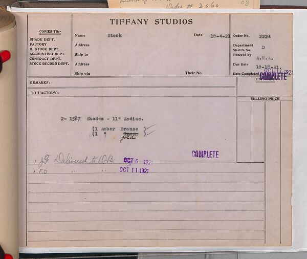 Tiffany Studios Lamp Department Ledger Book, Tiffany Studios (1902–32), pencil and ink on paper, American