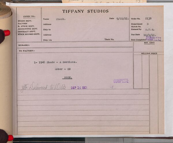 Tiffany Studios Lamp Department Ledger Book, Tiffany Studios (1902–32), pencil and ink on paper, American