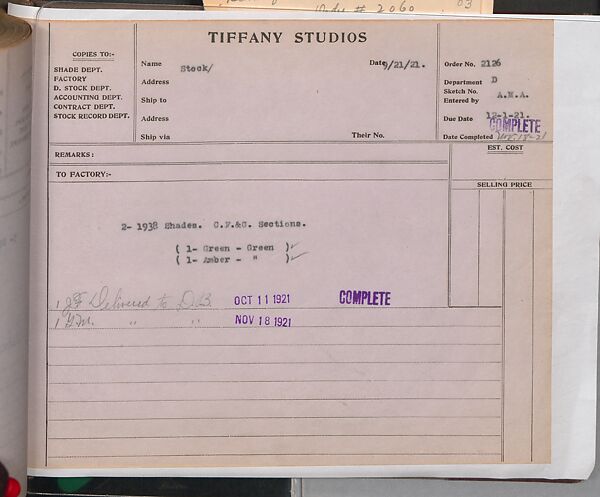 Tiffany Studios Lamp Department Ledger Book, Tiffany Studios (1902–32), pencil and ink on paper, American