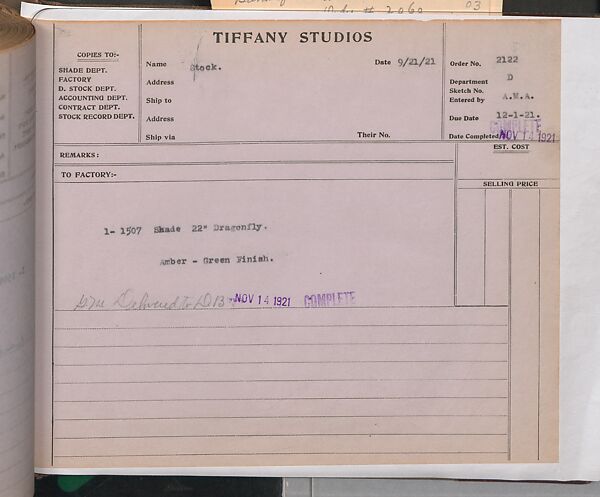 Tiffany Studios Lamp Department Ledger Book, Tiffany Studios (1902–32), pencil and ink on paper, American
