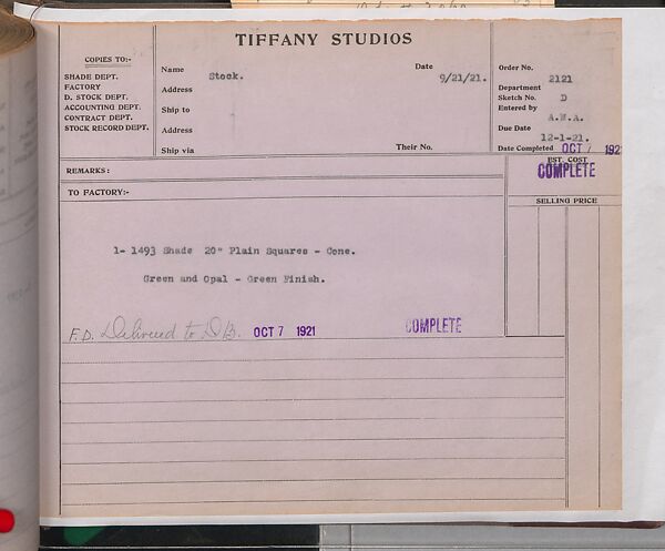 Tiffany Studios Lamp Department Ledger Book, Tiffany Studios (1902–32), pencil and ink on paper, American