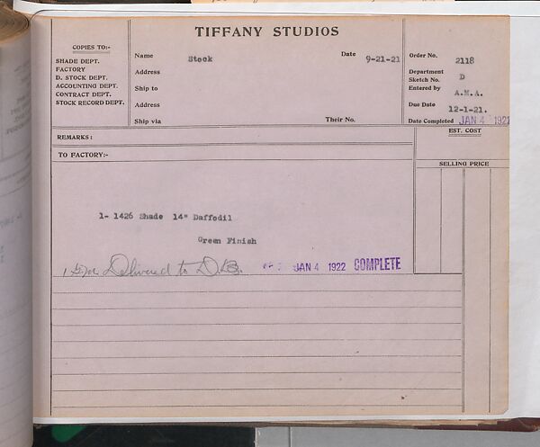 Tiffany Studios Lamp Department Ledger Book, Tiffany Studios (1902–32), pencil and ink on paper, American