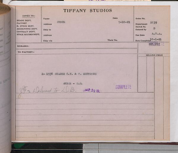 Tiffany Studios Lamp Department Ledger Book, Tiffany Studios (1902–32), pencil and ink on paper, American
