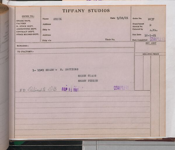 Tiffany Studios Lamp Department Ledger Book, Tiffany Studios (1902–32), pencil and ink on paper, American