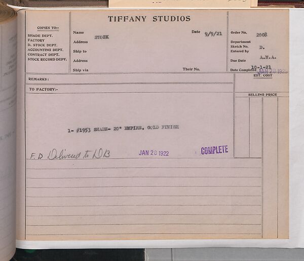 Tiffany Studios Lamp Department Ledger Book, Tiffany Studios (1902–32), pencil and ink on paper, American