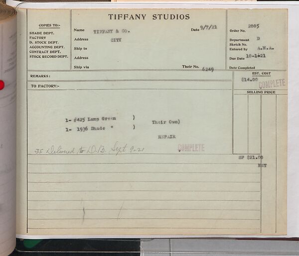 Tiffany Studios Lamp Department Ledger Book, Tiffany Studios (1902–32), pencil and ink on paper, American