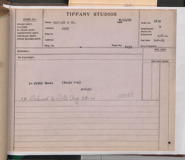 Tiffany Studios Lamp Department Ledger Book, Tiffany Studios (1902–32), pencil and ink on paper, American