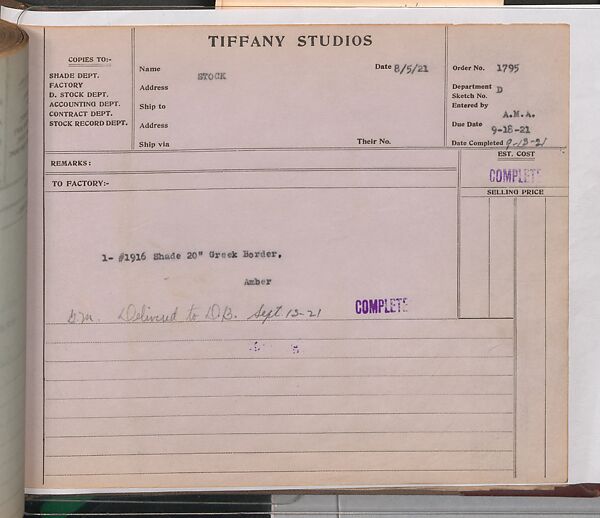 Tiffany Studios Lamp Department Ledger Book, Tiffany Studios (1902–32), pencil and ink on paper, American