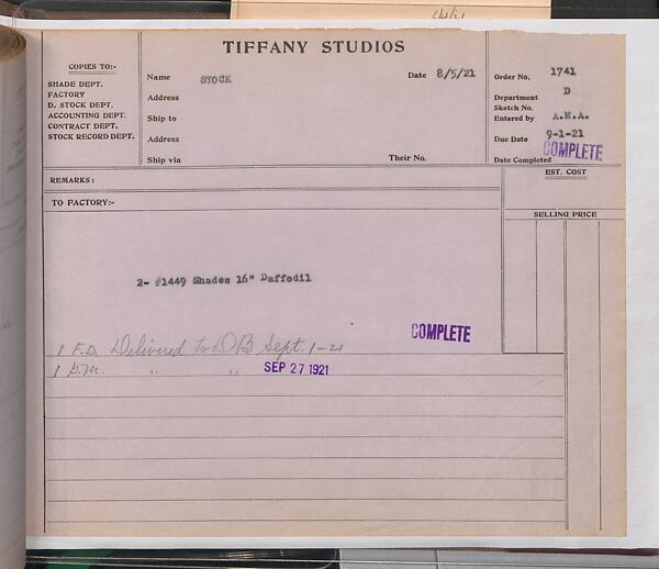 Tiffany Studios Lamp Department Ledger Book, Tiffany Studios (1902–32), pencil and ink on paper, American