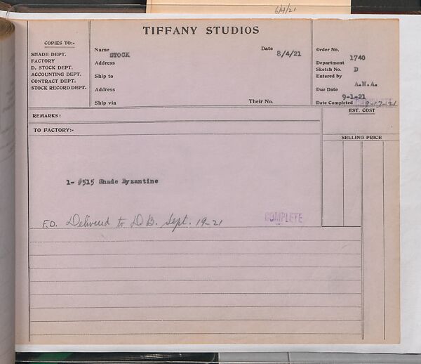 Tiffany Studios Lamp Department Ledger Book, Tiffany Studios (1902–32), pencil and ink on paper, American