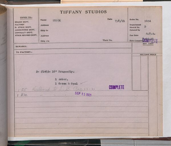 Tiffany Studios Lamp Department Ledger Book, Tiffany Studios (1902–32), pencil and ink on paper, American