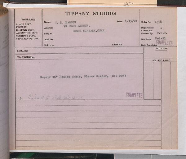 Tiffany Studios Lamp Department Ledger Book, Tiffany Studios (1902–32), pencil and ink on paper, American