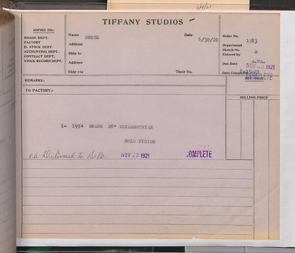 Tiffany Studios Lamp Department Ledger Book, Tiffany Studios (1902–32), pencil and ink on paper, American