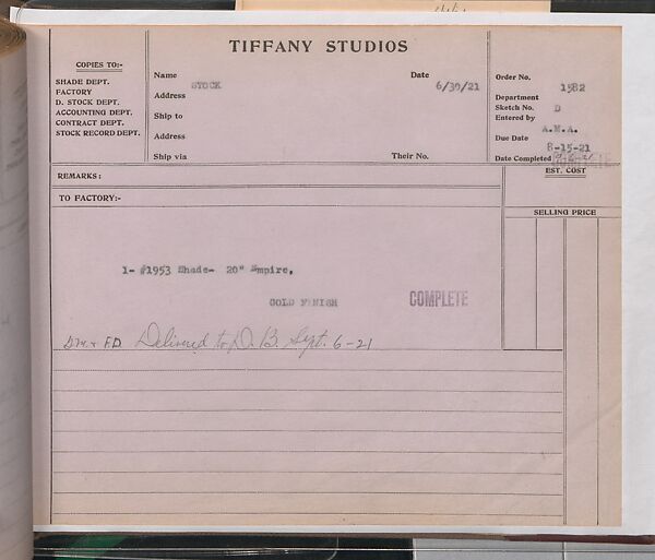 Tiffany Studios Lamp Department Ledger Book, Tiffany Studios (1902–32), pencil and ink on paper, American