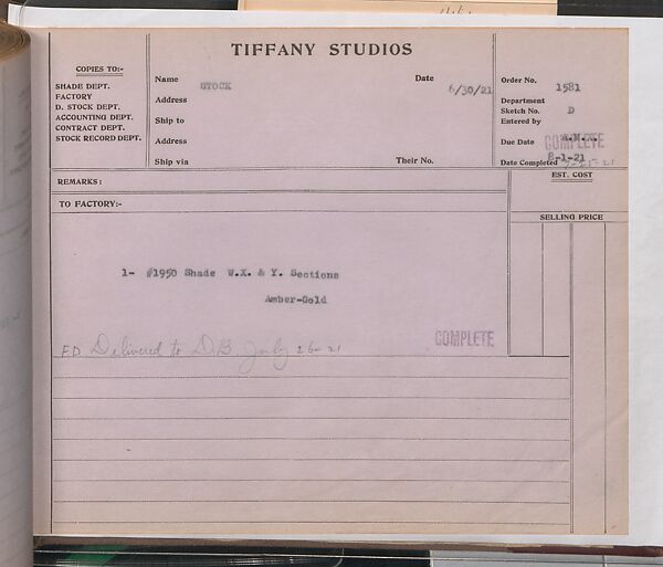 Tiffany Studios Lamp Department Ledger Book, Tiffany Studios (1902–32), pencil and ink on paper, American