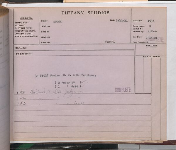 Tiffany Studios Lamp Department Ledger Book, Tiffany Studios (1902–32), pencil and ink on paper, American