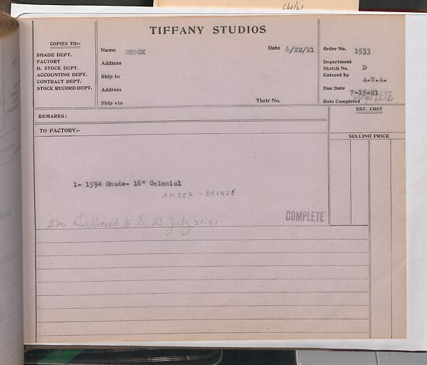 Tiffany Studios Lamp Department Ledger Book, Tiffany Studios (1902–32), pencil and ink on paper, American