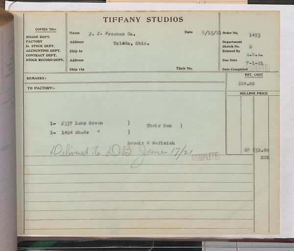 Tiffany Studios Lamp Department Ledger Book, Tiffany Studios (1902–32), pencil and ink on paper, American