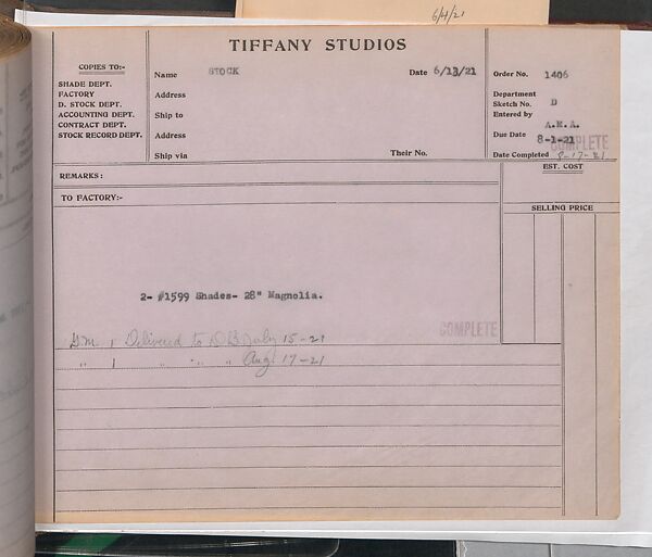 Tiffany Studios Lamp Department Ledger Book, Tiffany Studios (1902–32), pencil and ink on paper, American