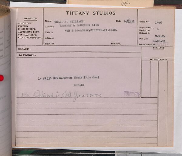 Tiffany Studios Lamp Department Ledger Book, Tiffany Studios (1902–32), pencil and ink on paper, American